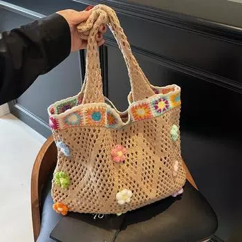 Yogodlns Small Fresh Woven Bag Women s New Fashionable Shopper Tote Bag Hollow Vacation Beach Bag Travel Bag for Summer 38x7x34cm бежевый