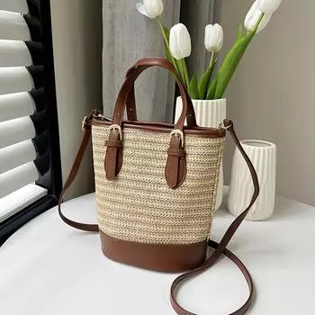 Yogodlns Соломенная плетеная сумка через плечо для женщин, простая пляжная сумка из ротанга на плечо, сумка для мобильного телефона, портмоне, летняя сумка 18x12x21cm чёрный