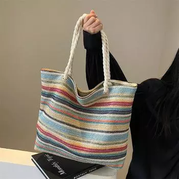 Yogodlns Соломенная ткань тканый дизайн женские сумки-тоут цвета радуги большой емкости летняя пляжная сумка-шоппер через плечо повседневные сумки для поездок на работу 44x12x32cm синий