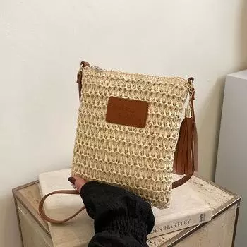 Yogodlns Соломенные плетеные сумки большой емкости простые новые универсальные молнии модные однотонные женские сумки через плечо 18x2x22cm бежевый