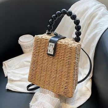 Yogodlns соломенные женские сумки через плечо с бусами и ручкой, пляжные праздничные женские сумки 16.5*10*16.5cm бежевый