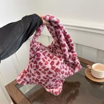 Yogodlns Star Leopard Print Plush Crossbody Bags for Women Furry Big Capacity Girls Плечевая сумка Vintage Tote Сумки женские Кошельки 43x2x43cm коричневый