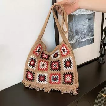 Yogodlns Stylish Women Tote Bag Large Capacity Space-Saving Women Handbag Cut-out Knitted Handbag Casual Crochet Shopping Bag 28x6x27cm бежевый