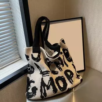 Yogodlns сумка через плечо с буквенным принтом, большая вместительная сумка контрастного цвета из хлопчатобумажной ткани, летняя модная вязаная сумка ручной работы