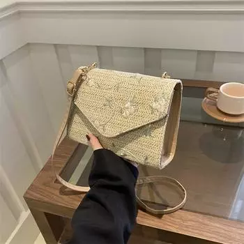 Yogodlns Сумка-мессенджер из ротанга, модная, большой емкости, плетеная сумка из богемной травы, ручная работа, сумка через плечо для отпуска для женщин 20x7.5x14.5cm