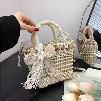 Yogodlns Сумка-мессенджер ручной работы из ротанга с цветком и кружевным бантом, сумка на плечо, переносная сумка через плечо для ежедневного отдыха add Ribbon хаки
