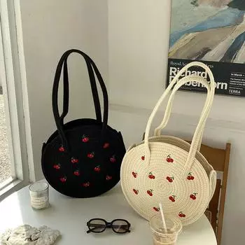 Yogodlns Сумка-тоут из вишневой соломы для женщин, летняя пляжная сумка из рафии, стильная сумка-шоппер из ротанга 32x7x32cm бежевый