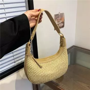 Yogodlns Сумки-хобо из соломы в виде полумесяца для женщин, роскошная дизайнерская однотонная летняя пляжная модная сумка через плечо 22x5x19cm хаки