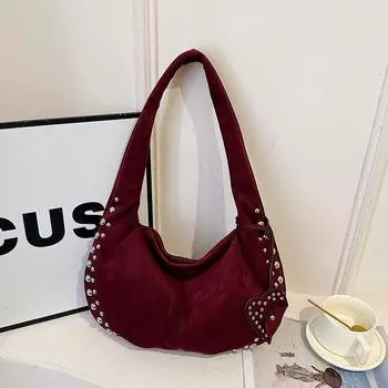 Yogodlns Сумки подмышками из искусственной замши в форме полумесяца для женщин, роскошные дизайнерские сумки и кошельки, винтажная сумка через плечо со стразами и заклепками 34x7x20cm чёрный