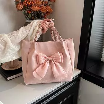 Yogodlns Summer Fashion Large Capacity Student Bow Decor Shoulder Bag New Versatile Women s Bucket Tote Bag For Work Travel 28x10x26cm белый