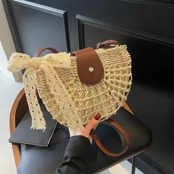 Yogodlns Summer Straw Bag For Women Fashion Semicircle Crossbody Bags Rattan Handmade Messenger Handbag Travel Beach Bags 25*7*17cm хаки