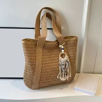 Yogodlns Summer Straw Large Capacity Women Shoulder Bag Tassel Design Woven Beach Tote Bag 36x2x40cm хаки