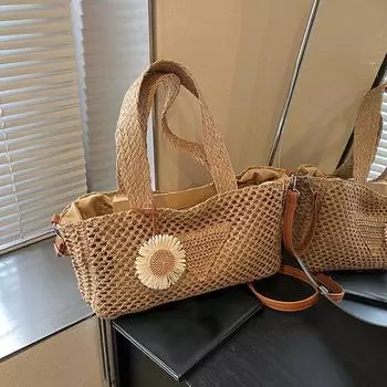 Yogodlns Summer Woven Hollow Beach Bag Women s Fashion Basket Crossbody Bag Multifunctional Picnic Handbag Ladies Shoulder Bag 41x9x18cm бежевый