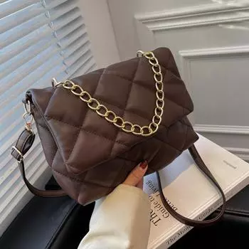 Yogodlns текстура ромб однотонная сумка через плечо с клапаном для женщин цепочки декоры сумка через плечо 26x10x18cm коричневый