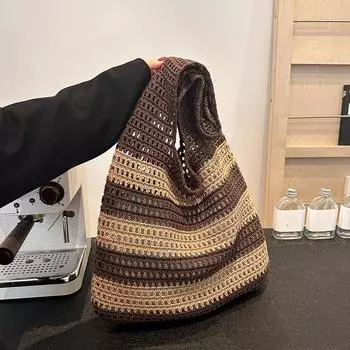 Yogodlns Тканые женские сумки на плечо Женские полосатые дизайнерские вязаные сумки с оплеткой Летние пляжные кошельки для покупок 36x2x35cm белый/чёрный