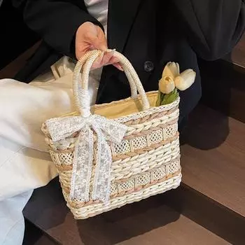 Yogodlns Travel Holiday Lace Braided Top Handle Bucket Shoulder Bag Large Capacity Summer Beach Straw Woven Handmade Crossbody Bag 28x8x22cm бежевый