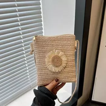 Yogodlns Трава Плетеная Сумка На Плечо Повседневная Маленькая Плетеная Сумка Через Плечо Женская Пляжная Сумка и Сумки Летняя Сумка-Слинг 18x1x19.5cm бежевый
