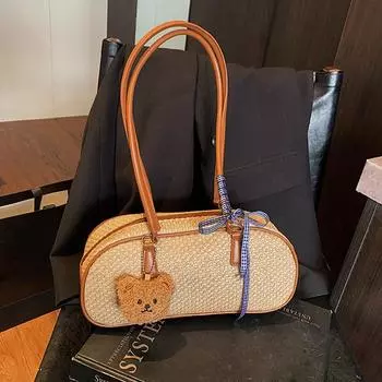 Yogodlns Весна Новая Простая Милая Пляжная Сумка Через Плечо Летняя Пляжная Сумка Для Езды На Пригородах и Отдыха Универсальная Плетеная Соломенная Сумка Под Мышью Для Женщин 31x9.5x14cm чёрный