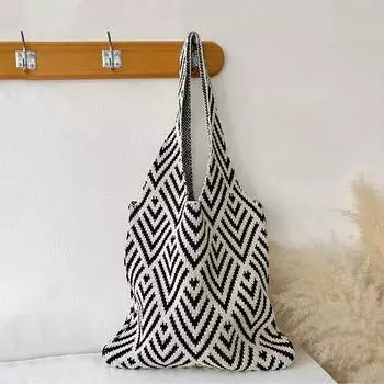 Yogodlns Винтажная геометрия крючком сумки для покупок вязаные сумки большой емкости сумка через плечо модная книжная упаковка для женщин путешествия 39x67cm белый/чёрный