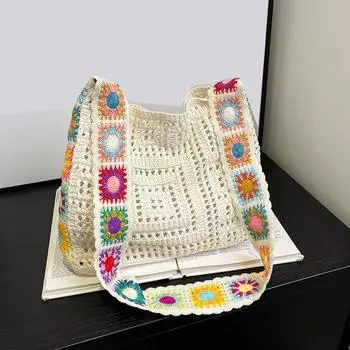 Yogodlns Винтажная полая тканая женская сумка через плечо, вязаные сумки, большая вместимость, сумки-тоут для женщин, пляжный дорожный кошелек для покупок 33x2x27cm чёрный