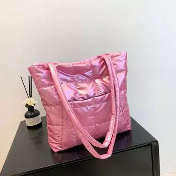 Yogodlns Высококачественная зимняя большая вместительная сумка-тоут, модная перьевая подбитая сумка, женская сумка подмышкой, стеганая однотонная сумка через плечо 36x6x29cm серебряный