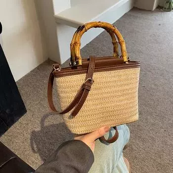 Yogodlns Weaving Bag Summer New Bamboo Handle Tote Straw Bag Niche Simple Shoulder Crossbody Bucket Bag Women s Bag 20x10x13cm чёрный