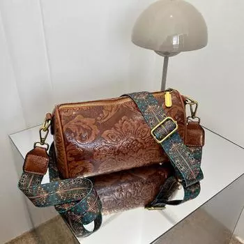 Yogodlns винтажная сумка через плечо с цветочным тиснением в этническом стиле, цилиндрический кошелек, женская сумка на плечо с широким ремешком 23x11.5x14.5cm коричневый