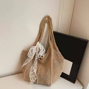Yogodlns Women Hollow Out Crochet Tote Bag Fashion Knitted Bag Large Capacity Scarf Decor Handbag Female Summer Beach Solid Color Woven Shoulder Bag 53x2x31cm светло-коричневого