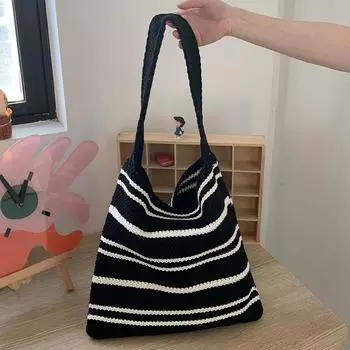 Yogodlns Women Knitted Handbags Woven Shoulder Bag Handle Totes Shopping Bag Stripe Wool Hand Bill Underarm Crochet Bag 35x32cm розовый