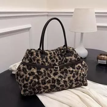 Yogodlns Women Leopard Plush Shoulder Bag Fuzzy Top Handle Bag Buckle Belt Design Fashion Tote Bag Casual Commuting Bag for Autumn Winter 37x15x21cm