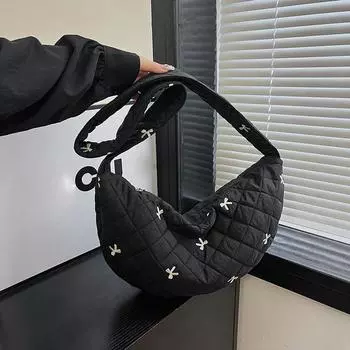 Yogodlns Women Nylon Bow Tie Crescent Crossbody Bag Large Capacity Quilted Dumpling Bag Padding Shoulder Bag Puffy Simple Satchel Bag