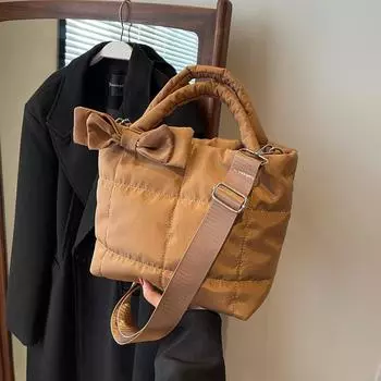 Yogodlns Women s Bow Tie Puffy Satchel Fashion Quilted Shoulder Bag Winter Down Cotton Designer Bucket Handbags Nylon Crossbody Bag