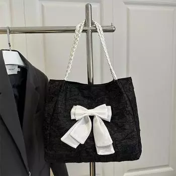 Yogodlns Women s Fashion Bow Tote Bag - Contemporary Color-Block Pattern with Luxe Touch, Ideal for Work & Weekend Activities 31x12x27.5cm чёрный