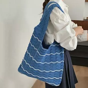 Yogodlns вязаная большая вместительная сумка в полоску с узором крючком, женские полые сумки на плечо для пляжного отдыха и отдыха 33x30cm бежевый