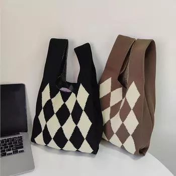 Yogodlns вязаная шерстяная сумка на плечо для женщин, зимняя клетчатая сумка, большая вместительная сумка для покупок, сумка для подмышек 23x29cm чёрный