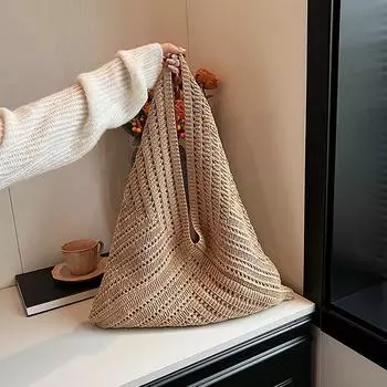 Yogodlns Женская ажурная вязаная сумка-тоут с треугольным дизайном, плетеная пляжная сумка, легкая элегантная портативная вязаная крючком сумка через плечо, кошелек 46x2x45cm светло-коричневого