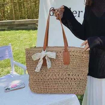 Yogodlns Женская большая вместительная сумка на плечо с шарфом Дизайнерская тканая пляжная сумка ручной работы Летняя полая соломенная сумка-тоут 33x1x36cm бежевый