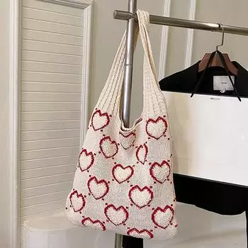 Yogodlns женская большая вместительная вязаная тканая сумка на плечо винтажная с узором в виде сердца милая универсальная повседневная сумка-шопер студенческая вязаная крючком большая сумка 37x2x35cm бежевый