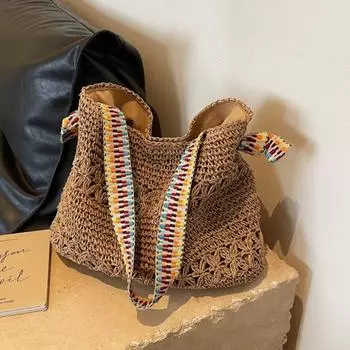Yogodlns женская летняя пляжная тканая соломенная сумка на плечо с широким ремешком, большая вместительная сумка-шопер для путешествий 35x10x34cm бежевый