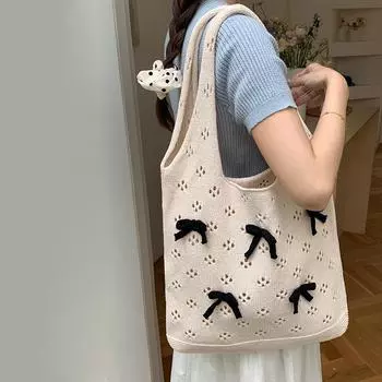 Yogodlns женская летняя пляжная вязаная сумка на плечо с бантом модная большая вместительная студенческая сумка для покупок крючком 38x35cm бежевый