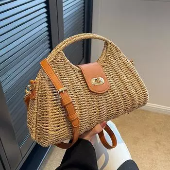 Yogodlns Женская летняя тканая сумка-тоут из ракушки Женские сумки ручной работы с ручками сверху Сумки для женщин Роскошный дизайнерский пляжный кошелек 30x11x14cm бежевый