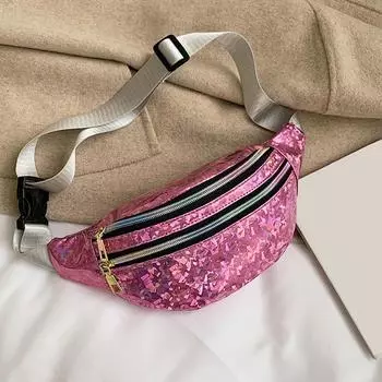 Yogodlns женская многофункциональная лазерная двойная молния на груди поясная сумка модная однотонная сумка через плечо из искусственной кожи 30x8.5x13cm чёрный