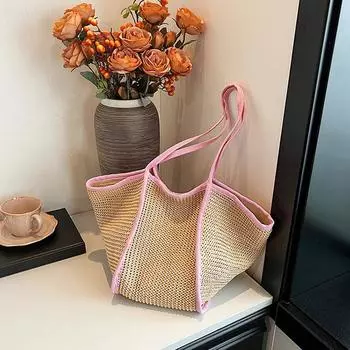 Yogodlns Женская мода Универсальные плетеные сумки на ремне большой вместимости Дизайнерские соломенные тканые летние пляжные сумки Женская большая сумка для отдыха 20x12x30cm чёрный