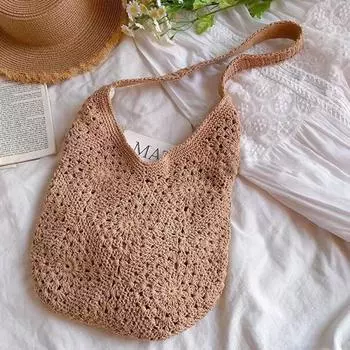Yogodlns Женская модная тканая сумка Большая вместительная соломенная тканая сумка-тоут на плечо Универсальная сумка с ручкой сверху 33x28cm бежевый