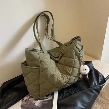 Yogodlns Женская мягкая повседневная сумка с регулируемым ремешком, стеганая сумка-тоут с ромбовидной отделкой, наплечная сумка, накладная дорожная сумка 41x14x29cm бежевый