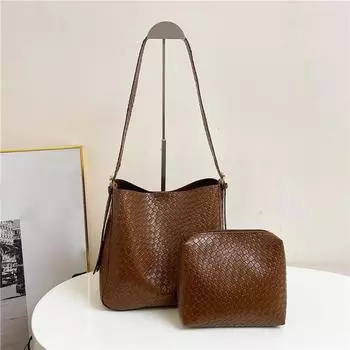 Yogodlns Женская мягкая сумка через плечо, модная плетеная сумка-ведро, большая вместительная кожаная сумка-тоут, плетеная сумка-портфель для поездок на работу 28x10x25cm чёрный