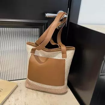 Yogodlns Женская плетеная соломенная пляжная сумка-шоппер для отпуска на море, большая вместительная пляжная сумка через плечо 28.5x9x29cm коричневый