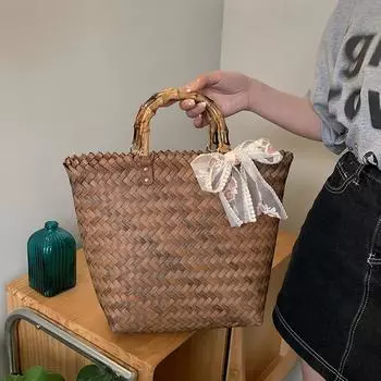 Yogodlns Женская плетеная соломенная повседневная сумка ручной работы из ротанга с ажурным дизайном в стиле бохо, летние дорожные пляжные сумки-шопперы 38x12x29cm коричневый