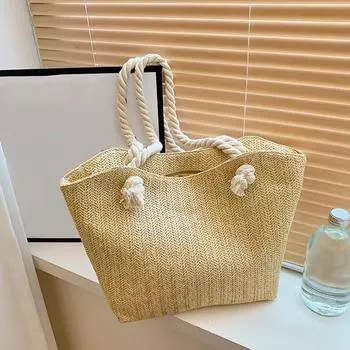 Yogodlns Женская Пляжная Винтажная Тканая Сумка Ручной Работы Соломенные Сумки Для Покупок Богемные Женские Летние Путешествия Отдых Повседневные Сумки 26x9.5x26.5cm бежевый