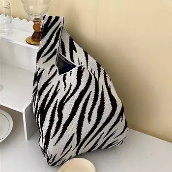 Yogodlns женская повседневная сумка с узлом зебры, модная вязаная сумка на плечо, студенческая вместительная многоразовая сумка для покупок на запястье